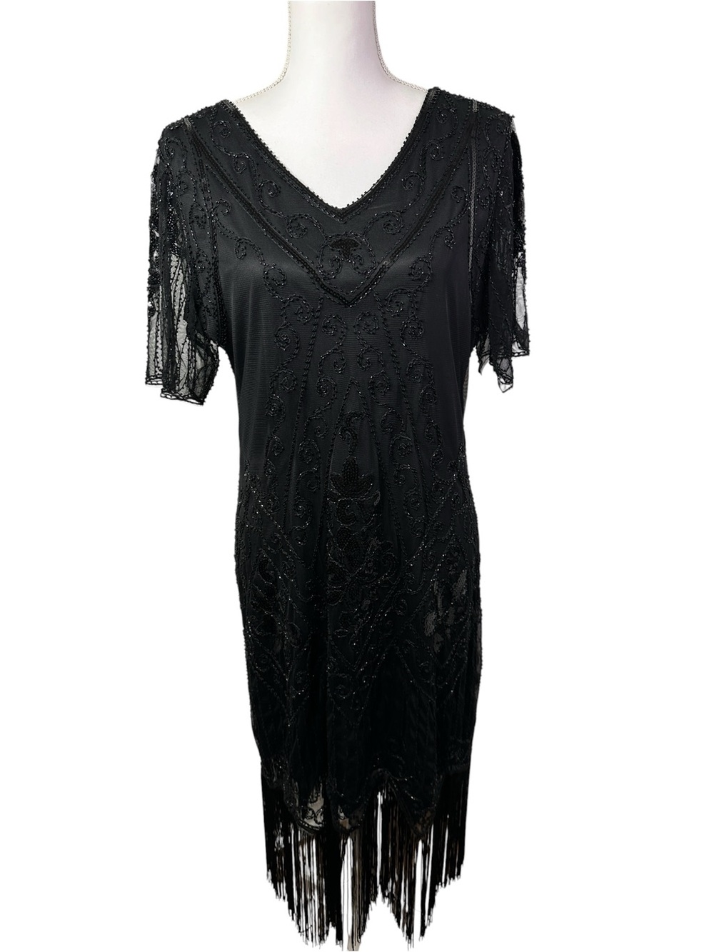 SWEETV Black Beaded Fringe Flapper Gatsby Cocktail Dress XL Art Deco